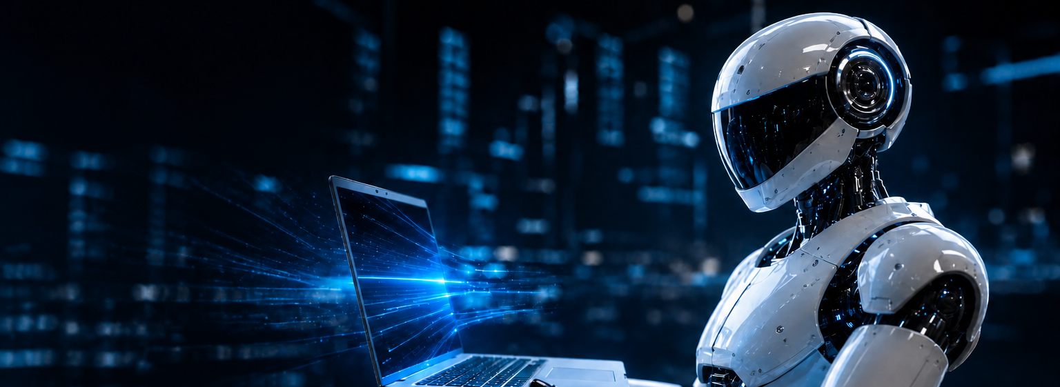 AI robot with holographic global network from laptop